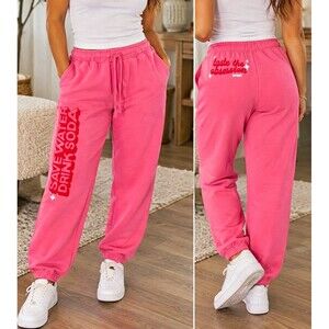 NWOT Poppi "Save Water Drink Soda" Pink Graphic Jogger Sweatpants Size M